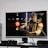 A flat-screen TV displays a video game interface featuring a character from Mortal Kombat in the center. Beside the TV is a stack of video game cases for the PlayStation 3, including titles like FIFA 14 and Grand Theft Auto. Below the TV, there is a gaming console, controllers, and other gaming equipment.